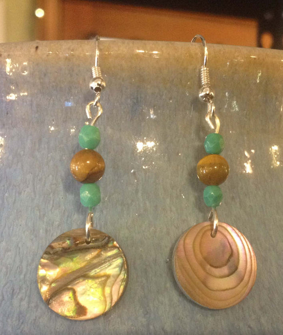 Tiger's Eye, Glass and Abalone Disc Earrings