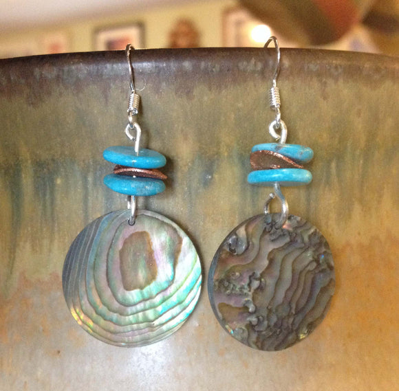 Turquoise, Copper Flake and Abalone Earrings