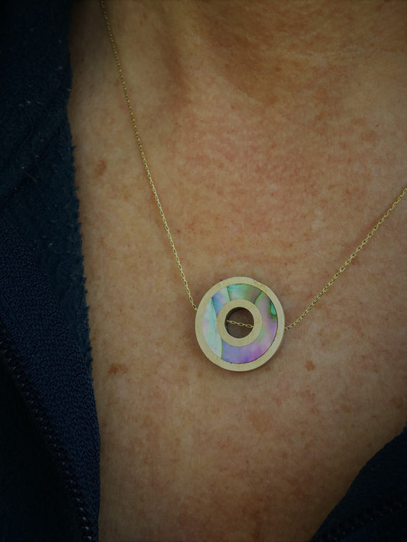 Double Bronze Ring and Abalone Flip Necklace - Gold Chain