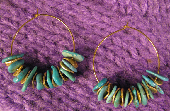 Turquoise and Gold Chip Hoops